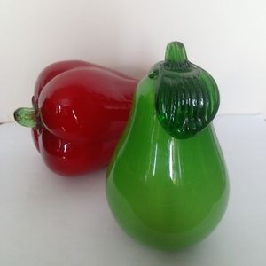 Glass art, blown glass green pear, and red pepper, EUC.